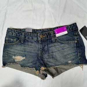 NWT Distressed blue jean shorts black raw frayed hem NEW